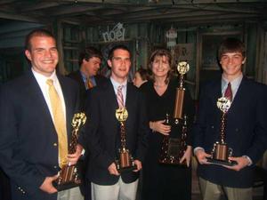 Accepting awards at the reception for young playwrights are, from left, Hunter Perrin, Craig Rockett, Kelly Vance and Jason Terrill.