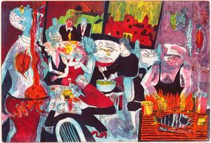 A vitreographic print entitled "Cajun Cafe: Red Alert!" by Warrington Colescott.