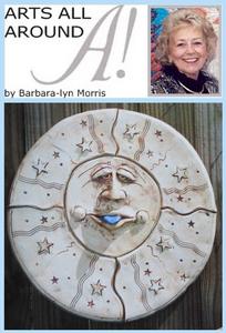 Sun faces with purple tongues is a signature motif at Mud Dabbers Pottery.