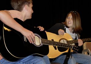 Virginia High School students Wyatt Chadwell and McKenzie Anderson practice the art of songwriting during the Upward Bound summer program at Virginia Highlands Community College. (Photo by Andre Teague | Bristol Herald Courier)
