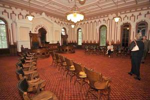 Visitors tour the newly renovated Calliopean Room in Byars Hall.