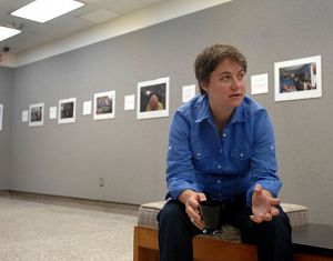 Preston Gannaway talks about her work on display in the Fine Arts Center at Virginia Intermont College. (Photo by David Crigger|Bristol Herald Courier)