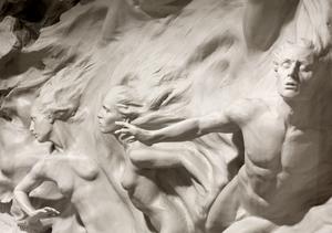  A detail of "Ex Nihilo" (Out of Nothing). The original 21-by-15-foot bas-relief stone carving is above the entrance of the west facade of the National Cathedral in Washington, DC.