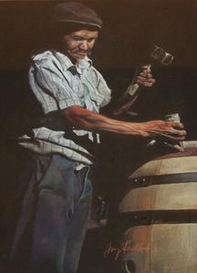 The award-winning artwork features a cooper at work on a large barrel.