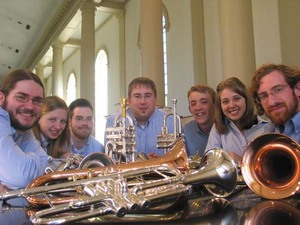 The Emory & Henry College Trumpet Ensemble is directed by Dr. Matthew Frederick, center.