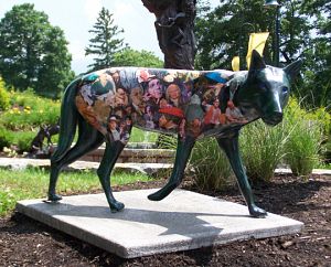 Eugene the Wolf, designed by the Barter Arts Department and sponsored by Barter Theatre, seems to look out over Main Street in Abingdon, Va., on Saturday after being placed with 26 other statues throughout the town. On Monday, Eugene and the blue wolf named Abby, were missing, victims of apparent theft.(Photo by Debra McCown|Bristol Herald Courier)