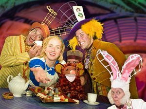 The March Hare (Sean Campos), Alice (Rebecca Reinhardt), The Dormouse (Ezra Colï¿½n), Mad Hatter (Ben Mackel) and The White Rabbit (Tricia Matthews) are together in Barter Theatre's production of "Alice in Wonderland."
