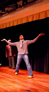 On stage is Kevin Iega Jeff, a choreographer for Community Performance Inc. (CPI), an organization specializing in theatrical productions created from stories of people and their places. CPI is working with the International Storytelling Center to discover and craft Jonesborough's stories and will write and direct the community performances scheduled for 2011. (Image by Fresh Air Photo)