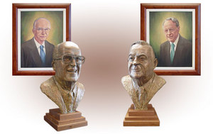 From left, sculptures and portraits honor the late Albert C. Noble and Henry Kegley, whose bequests help make possible several programs at the Bristol Public Library.
