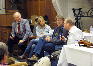 Participating in the "Fire on the Mountain" symposium at Harvard, from left, were Jack Tottle, Alison Brown, Sam Bush and Bobby Hicks.  (Photo courtesy of The Committee on Degrees in Folklore and Mythology, Harvard University)   