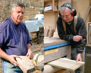 Tom Ilowiecki, left, uses wood salvaged from power line clearing, his fire woodpile, and from friends and neighbors. Joel Harte in his workshop, right. (Photos by Hank Daniel)