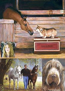Unicoi artist Michele Warner, inset left, strives to produce portraits that exhibit great depth and soul. The portrait of the dog, lower right, illustrates her lighting technique. David Northern of Knoxville, Tenn., with his horses, lower left, said, "Michele's work for us is really a celebration of those things and setting that we love." (Contributed photos)