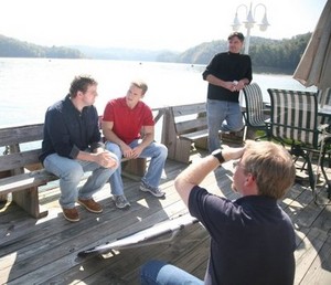 The cast and crew of "Brothers" include (from left, facing the camera) Justin Trout and Lance Blaylock, who play the male leads; director Jerry Sword, far right; and David Radford of Premiere Productions in Abingdon.