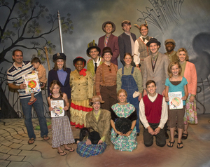 Shown with the cast of "James and the Giant Peach" are the winners of Barter Theatre's coloring contest. From left, they include John Robert Godfrey, age 4; Ally Yeary, age 6; and Sierra Arnold, age 10.