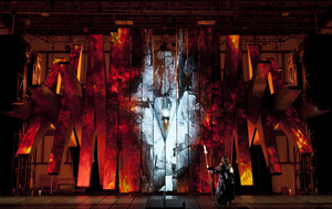 Shown is a scene from the Metropolitan Opera's production of <em>Das Rheingold</em> being broadcast in October 2010.
