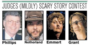 Judging the adult category of the <em>Herald Courier's</em> (Mildly) Scary Story Contest were, left to right, Bud Phillips and Tom Netherland. Children's and youth category judges were, left to right, Donnamarie Emmert and Ginny Grant. 