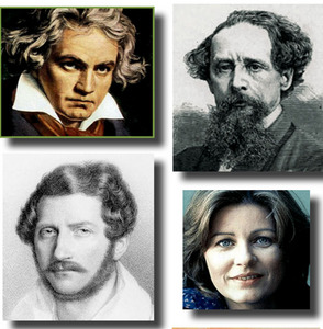 Top left to right: Ludwig van Beethoven and Charles Dickens; bottom left to right: Gaetano Donizetti and Patty Duke.