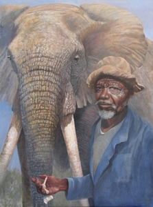 "Ivory," a painting by Dr. Gary Chambers, depicts an elephant with tusks and an African man dropping ivory chess pieces from his hand, who appears to be asking the viewer, "We're killing elephants for this?" Dr. Chambers met this man in Zimbabwe during a medical mission trip.