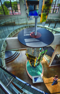 A look from the the second floor to the first of the Birthplace of Country Music Museum. The two-story sculpture can be seen in the center.