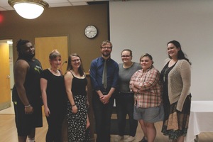  From left, 2016 Curtis Owens Literary Prize award winners Tyler Brown, Sarah Holly, Jennie Frost, Judge Eric Lundgren, Emily Waryck, Emily Watson and Austen Herron