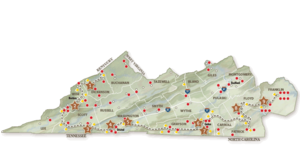 This map depicts The Crooked Road. Stars indicate the major venues along the  Road. Number 1 is Ralph Stanley Museum, 2 is Country Cabin II, 3 is Carter Family  Fold, 4 is Birthplace of Country Music Museum, 5 is Heartwood, 6 is Old Fiddlers  Convention and Rex Theater, 7 is Blue Ridge Music Center, 8 is Floyd Country Store  & County Sales and 9 is Blue Ridge Institute & Museum.
