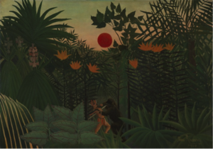 Tropical Landscape: an American Indian Struggling with a Gorilla, 1910, Henri Rousseau (French, 1844–1910), oil on canvas. Virginia Museum of Fine Arts; Collection of Mr. and Mrs. Paul Mellon. Photo: Travis Fullerton © Virginia Museum of Fine Arts.