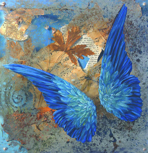 â€œLayers (Blue Wings),â€ mixed media on plexiglass and mirror, is part of Suzanne Strykâ€™s Mirror Series.  