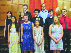 First row, left to right: Katherine Ning, Emma Weber, Emmy Nannenga, Emily Tucker. Second row, left to right: Amy Shi, Rachel Rees, Jimmy Liu, Alex Wagner and Jacob Surber. Back row, left to right: Michael Rees and James Root