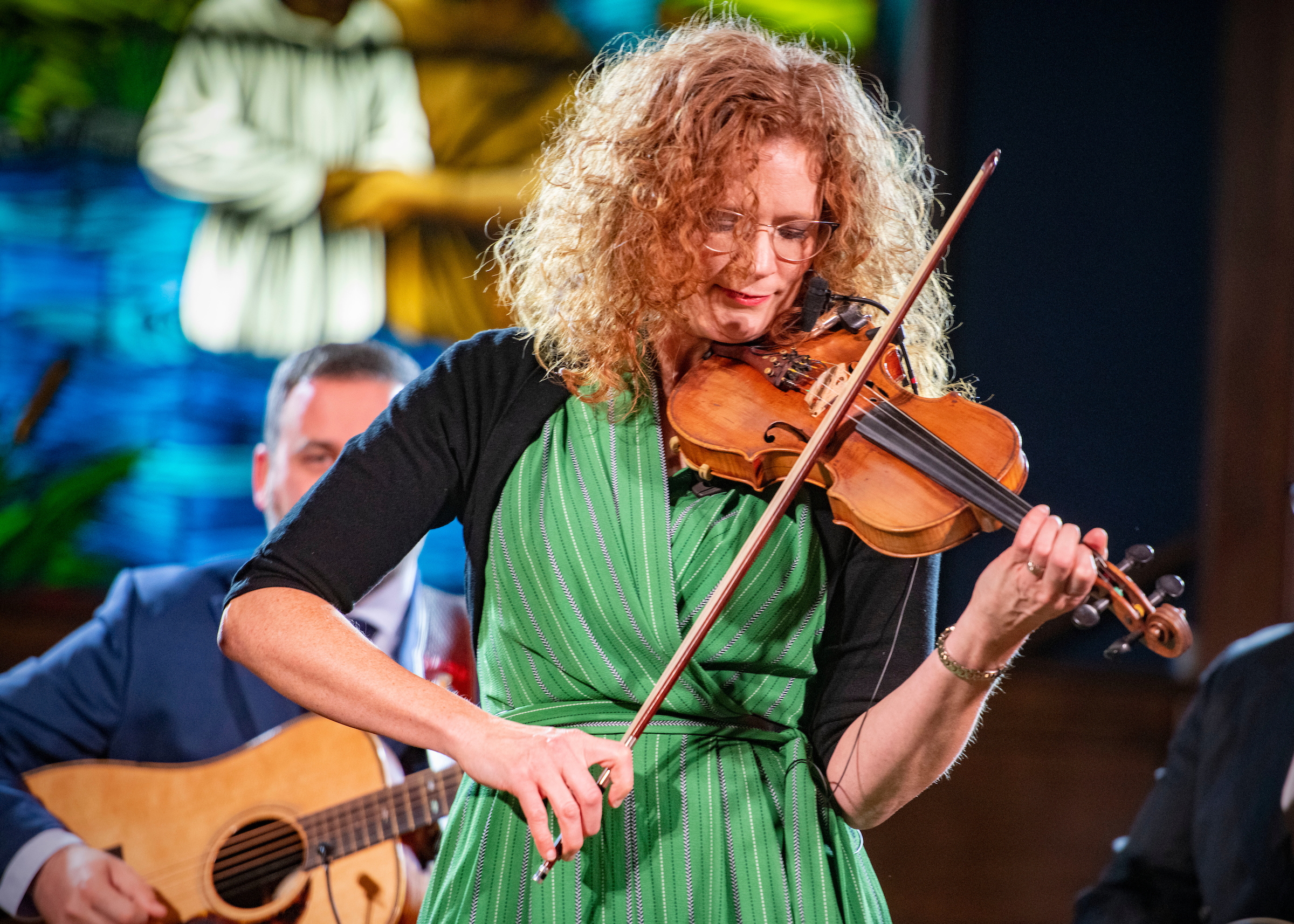 Becky Buller performing at First Baptist Church of Elizabethton during a November 2019 gospel concert featuring the Becky Buller Band and the Fairfield Four.