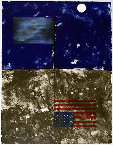 James Rosenquist, Mirrored Flag, 1971, lithograph with mylar foil on paper, 29 × 22 ¼ inches. Asheville Art Museum. © James Rosenquist Foundation / Artists Rights Society (ARS), NY.