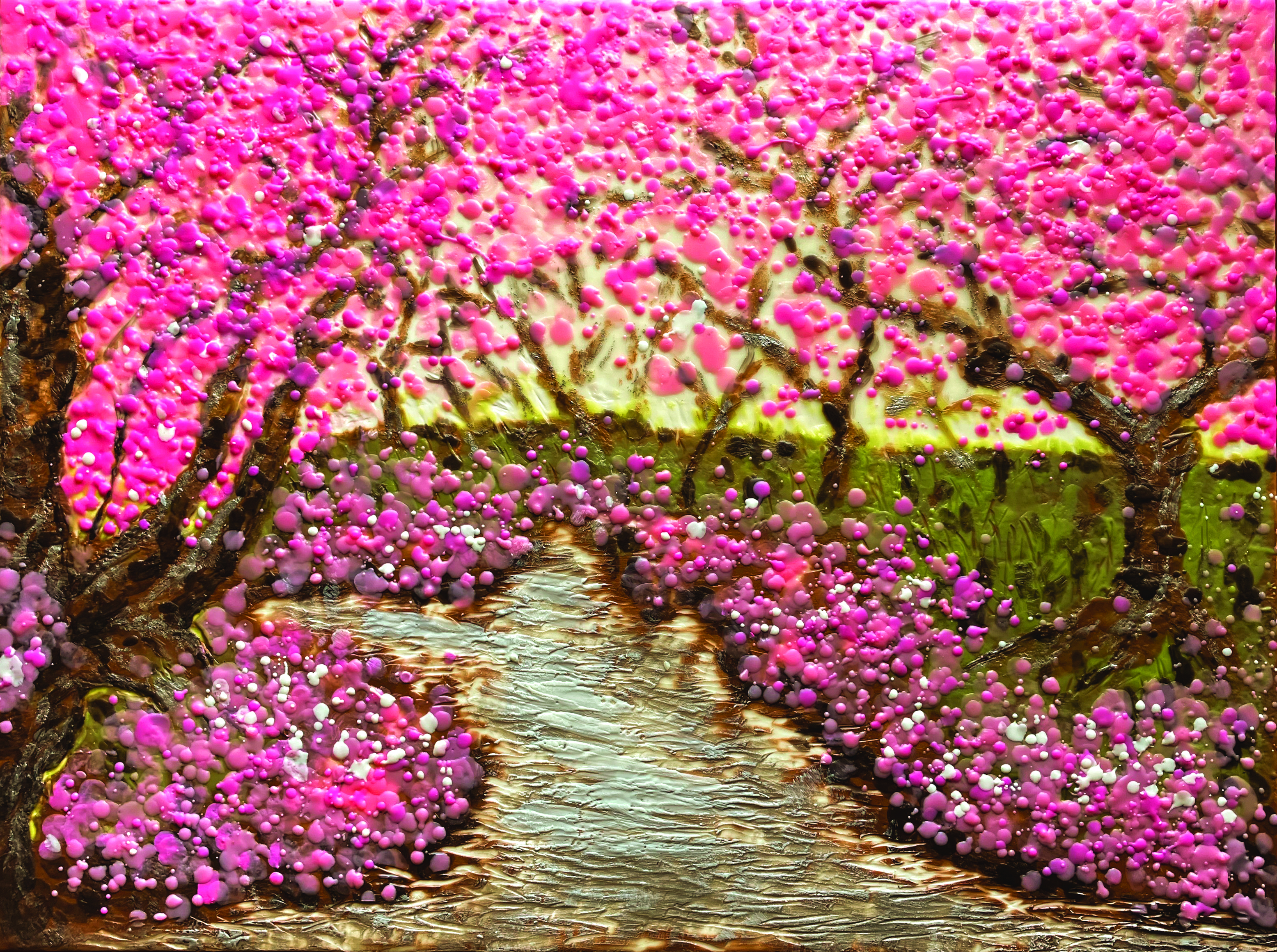 "Cherry Blossoms on a Stream" by Mary Hogan is on exhibit at The Arts Depot, Abingdon, Virginia.